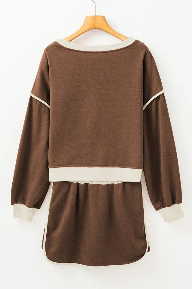 Forest green contrast trim pullover and skort set - View 14 | TEVQA