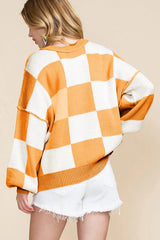 Women’s Pink Checkerboard Oversized Knit Sweater - TEVQA
