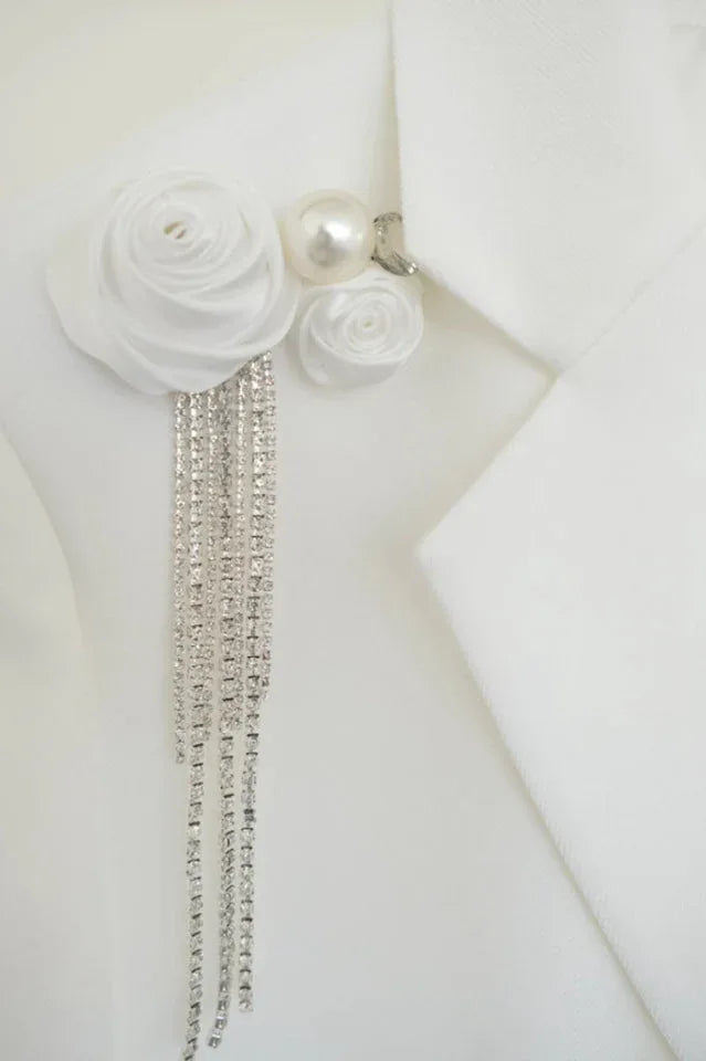 White floral appliqué double-breasted blazer - View 7 | TEVQA