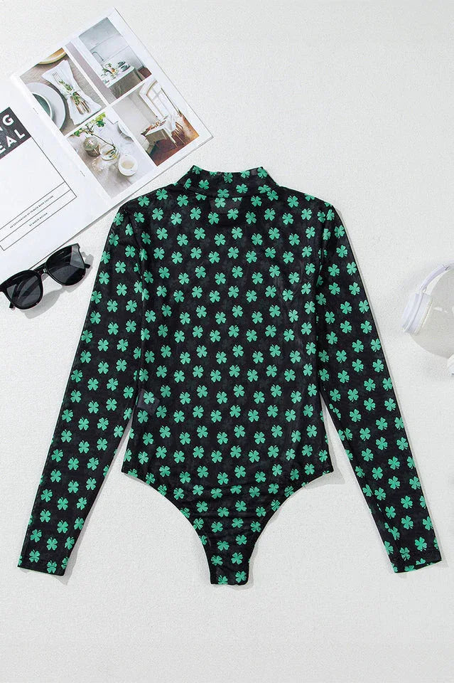 Mesh bodysuit with green clover print - View 6 | TEVQA