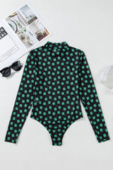 Mesh bodysuit with green clover print - View 6 | TEVQA