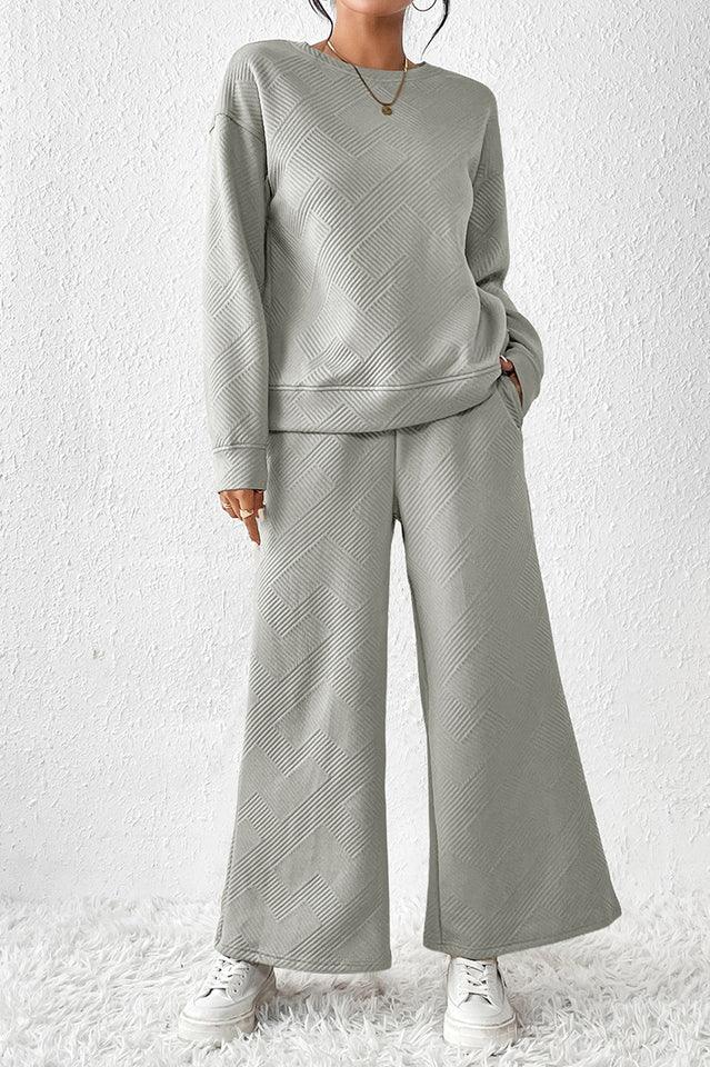 Textured Long Sleeve Top & Pants Set - TEVQA