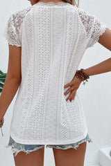 White Floral Lace & Eyelet Embroidery V-Neck Blouse - TEVQA