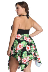 Plus-size women's black floral print halter neck one-piece swimsuit with skirt overlay, back view