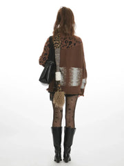 Y2K Grunge Leopard Patchwork Cardigan - TEVQA