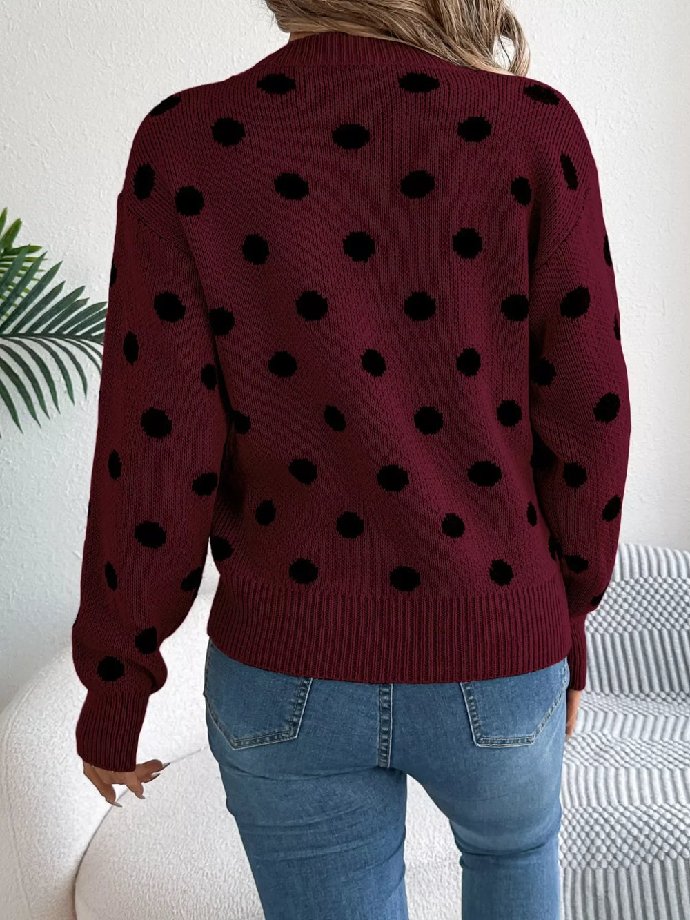 Camel Polka Dot Knit Sweater - View 9 | TEVQA
