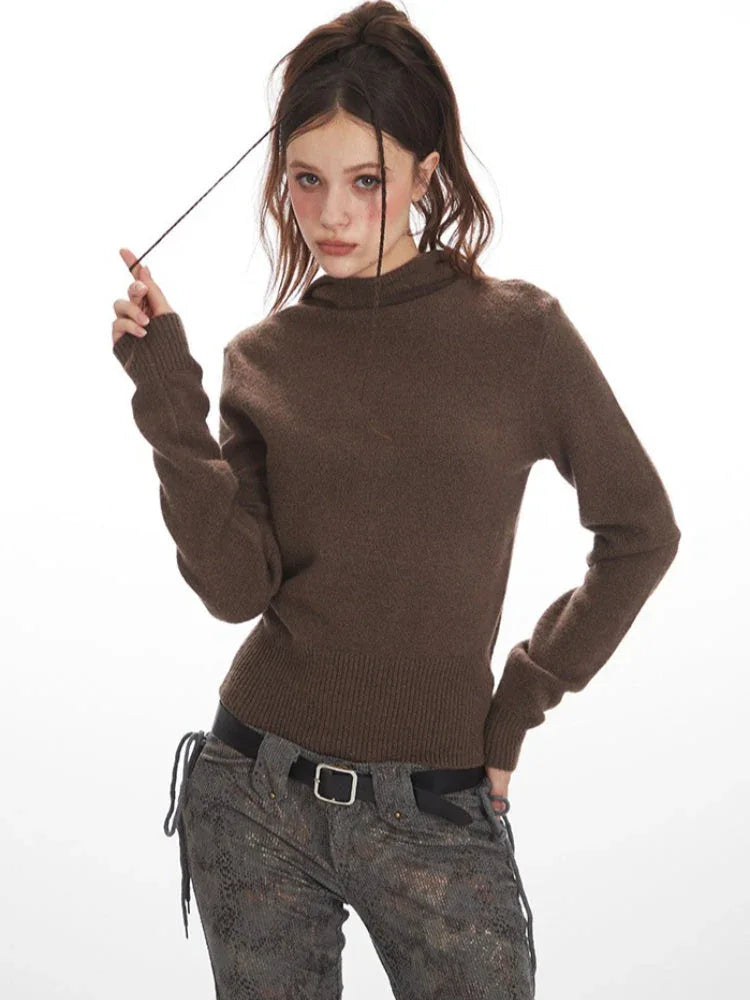 Y2K Chocolate Brown Hooded Knit Sweater - TEVQA