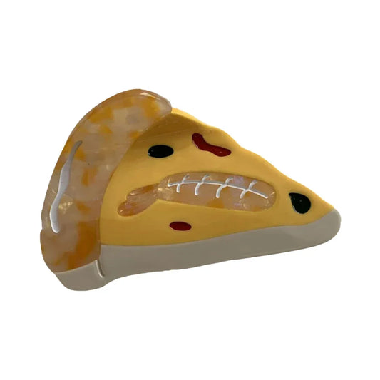 acrylic slice of pizza hair clip with realistic toppings and a smiling face