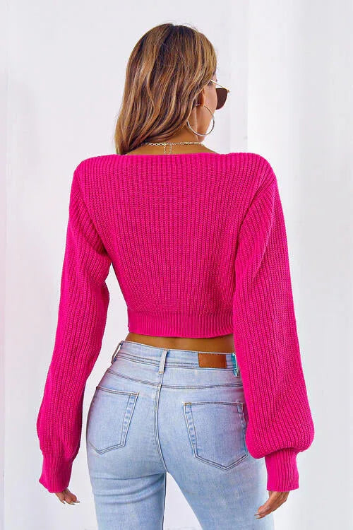 Ribbed knit crop sweater with tie neck - View 15 | TEVQA