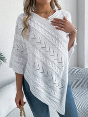 White Cable Knit V-Neck Poncho Sweater - TEVQA