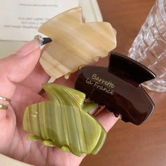 A hand holding three acetate claw hair clips in beige, green, and brown.