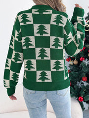 Back view of a woman in a green and white checkered Christmas tree sweater
