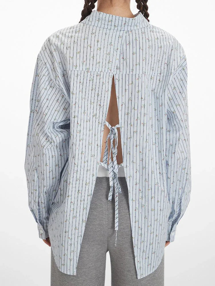 Striped floral open back shirt - View 6 | TEVQA