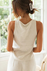 Linen blend wide leg set with V-neck top and side slit trousers - View 8 | TEVQA