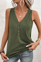 Close-up of a woman's green sleeveless V-neck top with button detailing.