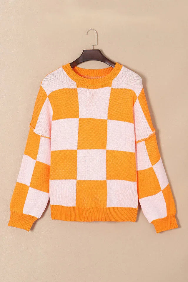 Women’s Pink Checkerboard Oversized Knit Sweater - TEVQA