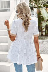 White Eyelet Embroidery V-Neck Blouse - TEVQA