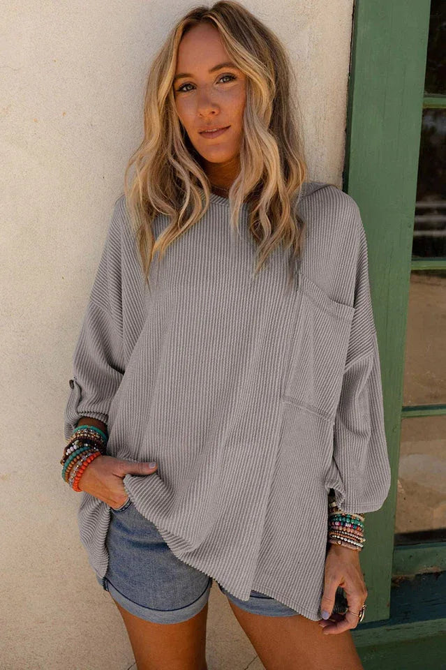Sage Green Ribbed Knit Oversized Tunic Top - View 12 | TEVQA