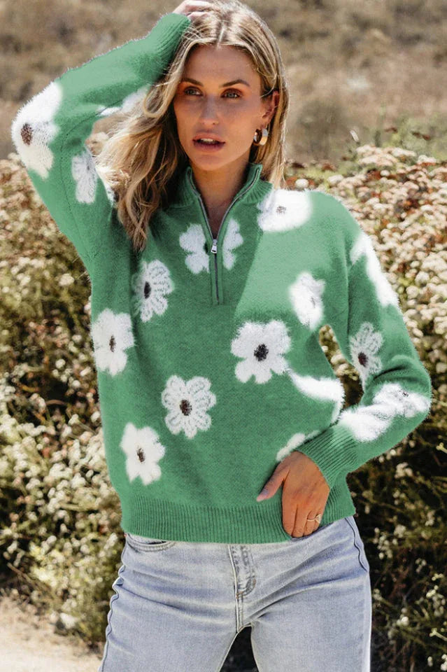 Floral Knit Quarter-Zip Sweater - View 7 | TEVQA