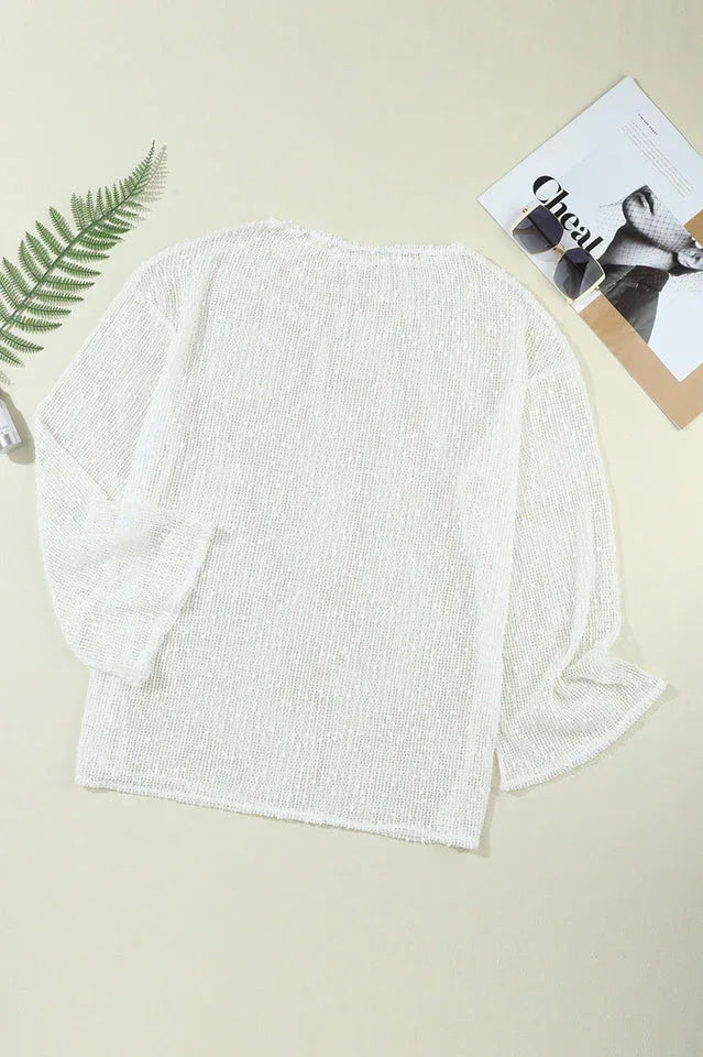 White Textured Knit Side Slit Beach Cover-Up Tunic - TEVQA