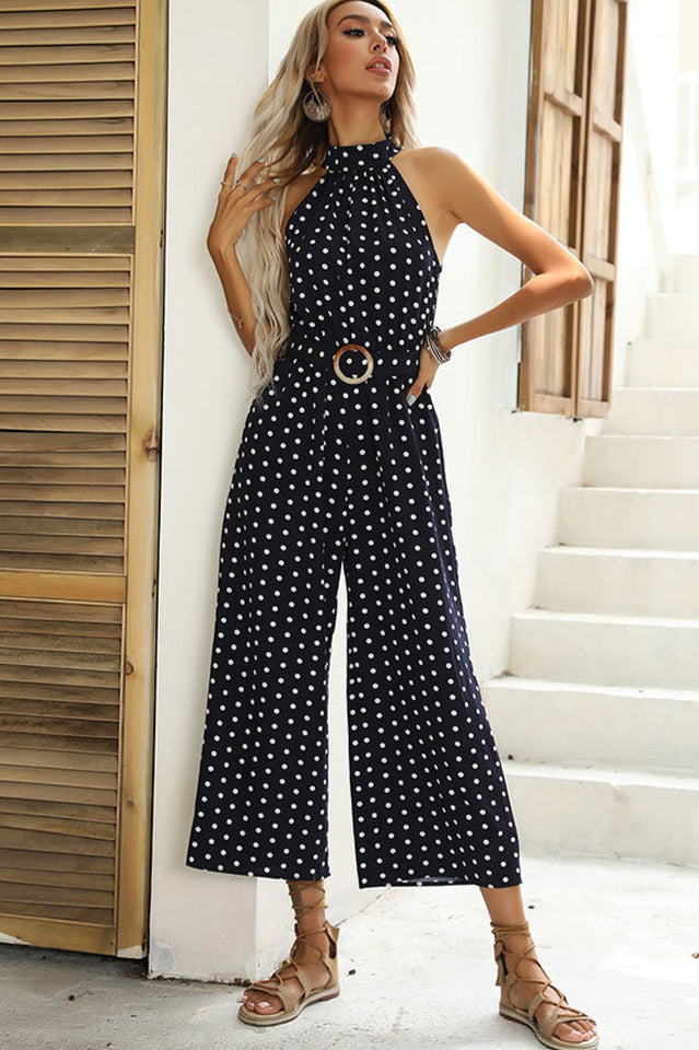 Polka Dots Print Funnel Neck Belted Jumpsuit | Dress In Beauty