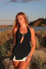 Musera Rhinestone Sunburst Halter Top in Ivory - View 9 | TEVQA