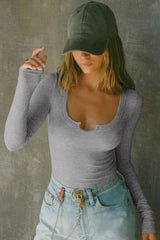 White Notched Neck Ribbed Long Sleeve Top - TEVQA