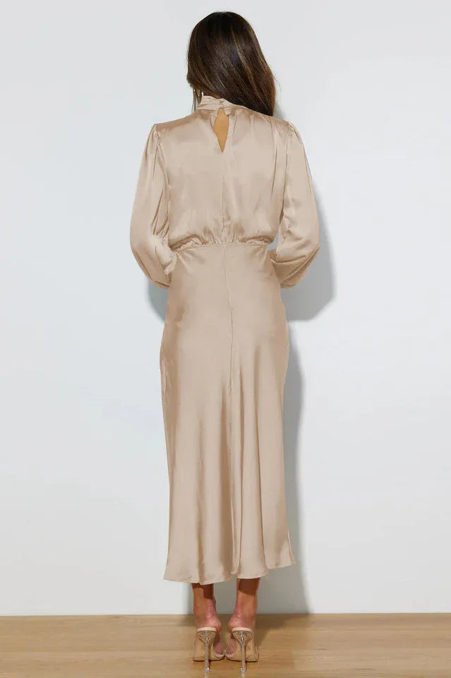 High Neck Satin Midi Dress - View 19 | TEVQA