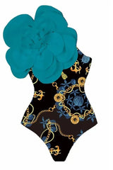 One shoulder swimsuit with tropical print and floral applique, paired with a matching skirt. - View 14 | TEVQA