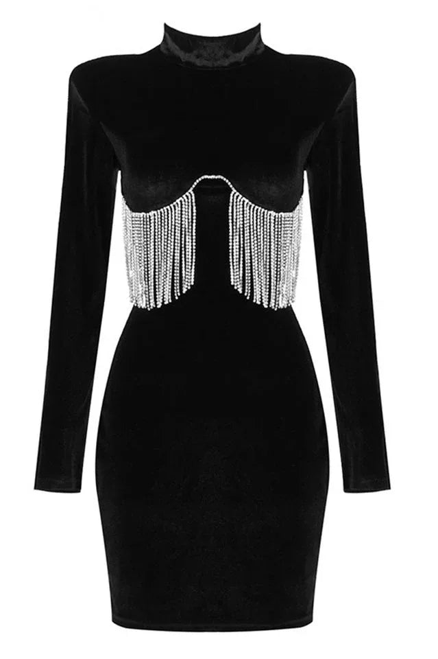 Black velvet mini dress with crystal fringe detail - View 12 | TEVQA