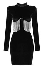 Black velvet mini dress with crystal fringe detail - View 12 | TEVQA