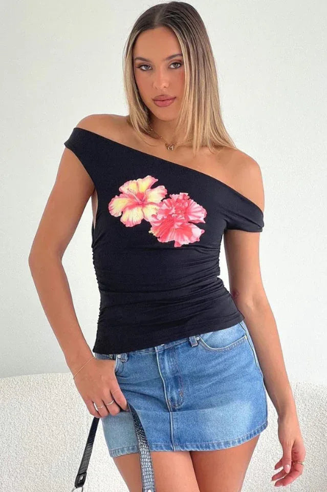 Twist Off Shoulder Graphic Top - TEVQA