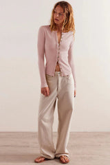 Vintage Rouge Ribbed Button-Front Long Sleeve Top - TEVQA