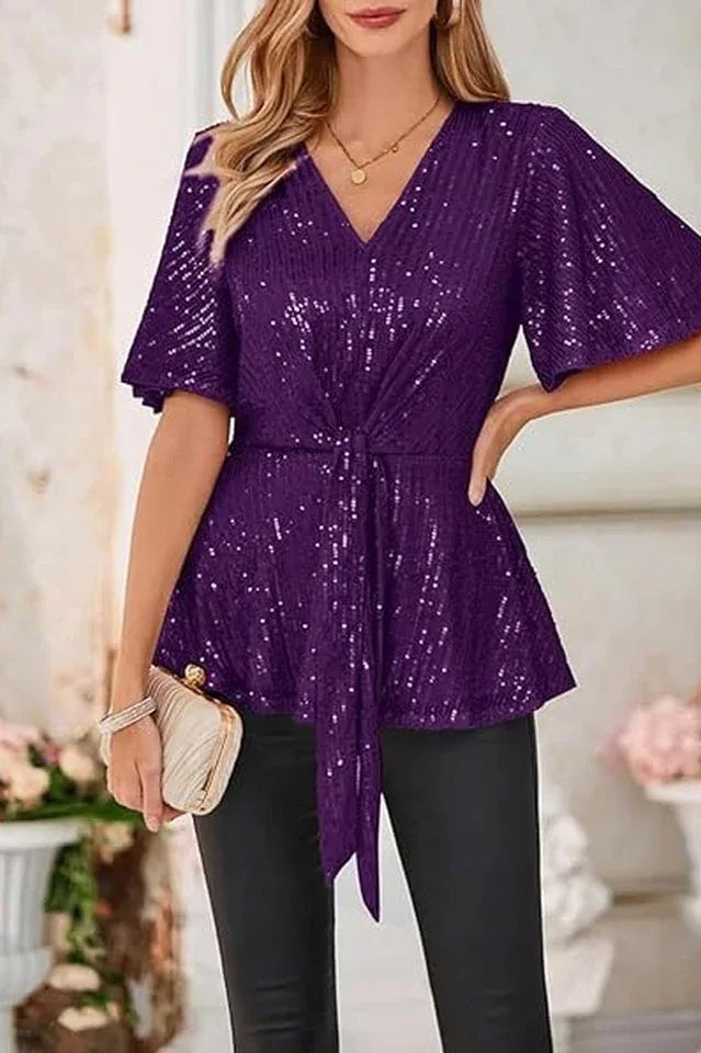 Purple sequined V-neck top with flutter sleeves and tie-front detail