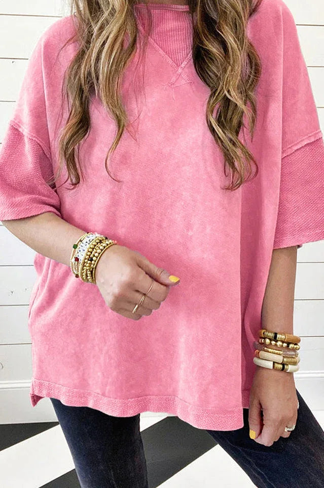 Grey mineral wash drop shoulder t-shirt with waffle knit v-neck detail - View 7 | TEVQA