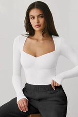 Cream Ribbed Sweetheart Neck Long Sleeve Top - TEVQA