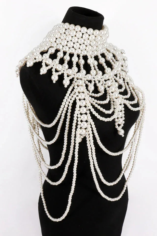 Megan Pearl Body Chain Bra - Statement Shoulder Bib Necklace & Bridal Cape Jewelry - TEVQA