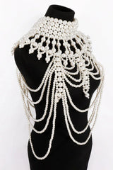 Megan Pearl Body Chain Bra - Statement Shoulder Bib Necklace & Bridal Cape Jewelry - TEVQA