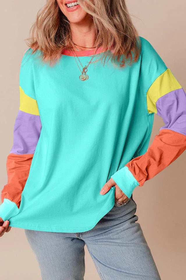 Playful Color Block Long Sleeve Top - TEVQA