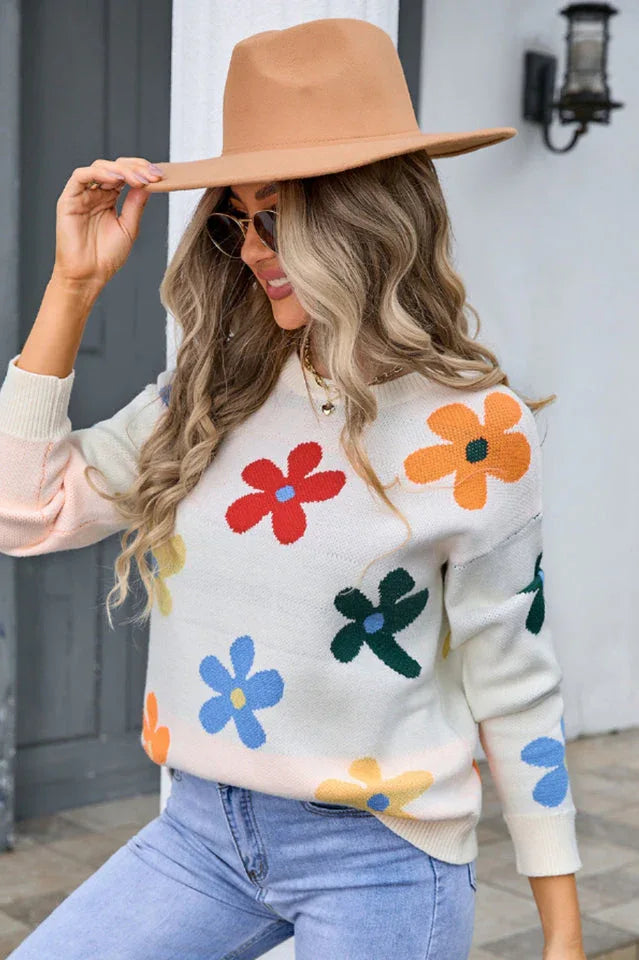 Retro floral knit pullover sweater - View 8 | TEVQA