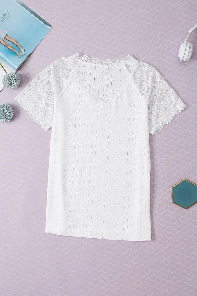 White Floral Lace & Eyelet Embroidery V-Neck Blouse - TEVQA