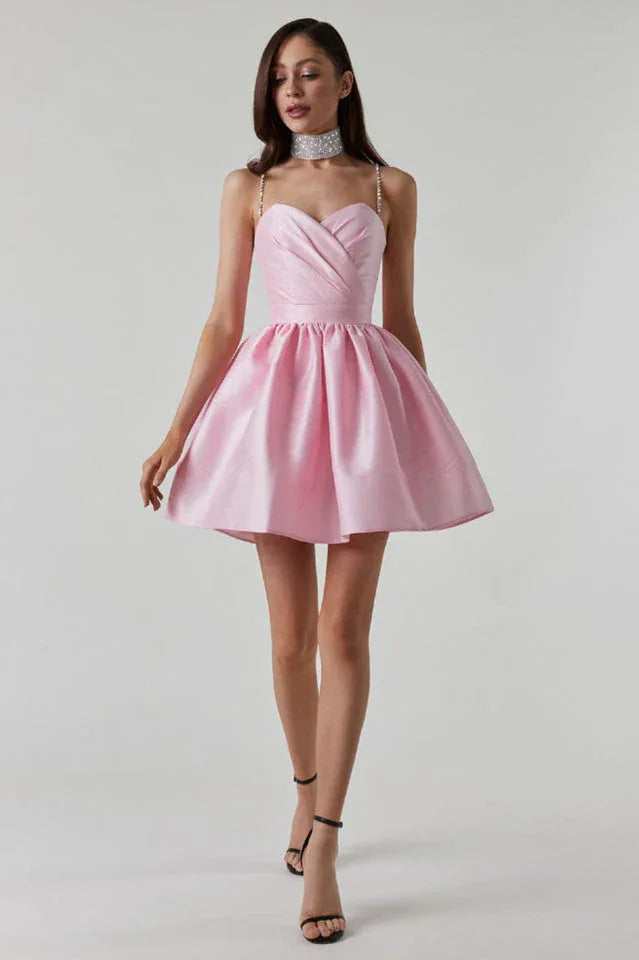 Aqua Blue Taffeta Mini Skater Dress with Crystal Straps - View 10 | TEVQA