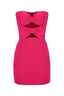 Front view of a pink strapless mini dress with a fitted bodice adorned with two large bows and a simple skirt.