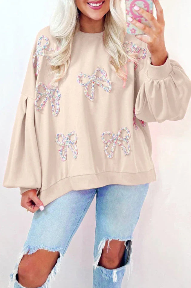 Coquette Pink Bow Applique Sweatshirt - TEVQA