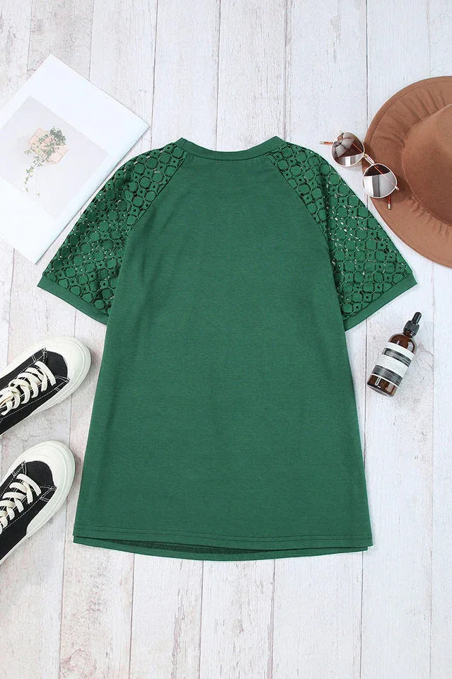 Lace Sleeve Pleated Mock Neck Blouse - View 6 | TEVQA