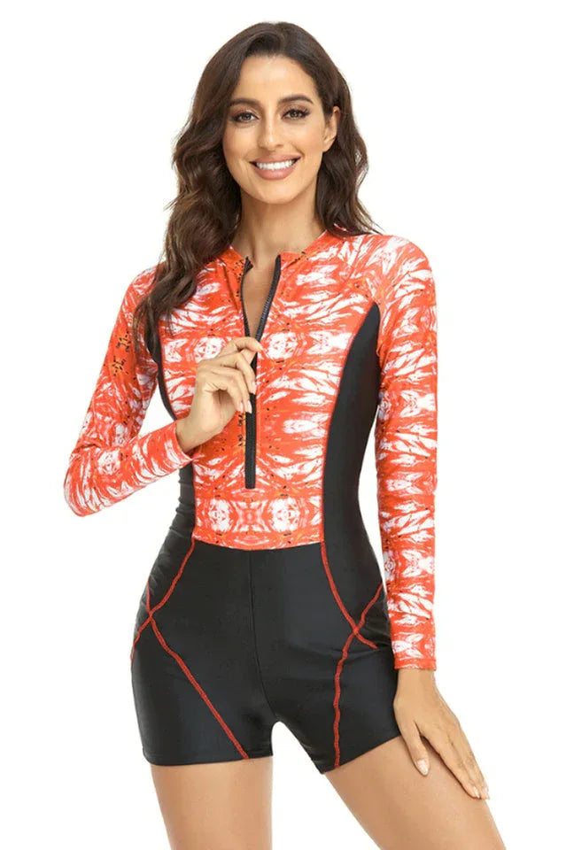 Long Sleeve One Piece Swimsuit with printed pattern and zipper closure - View 7 | TEVQA