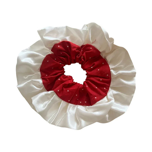 Red and white polka dot scrunchie with satin ruffles