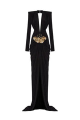 Embellished V-Neck Draped Gown - View 8 | TEVQA