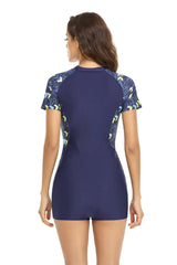 Surf print long sleeve one piece swimsuit with mock neck and zipper closure - View 6 | TEVQA