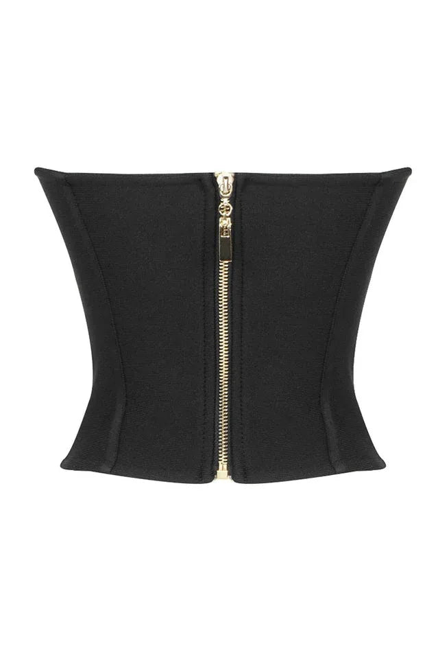 Black structured corset top with a gold zipper closure on the back, front view